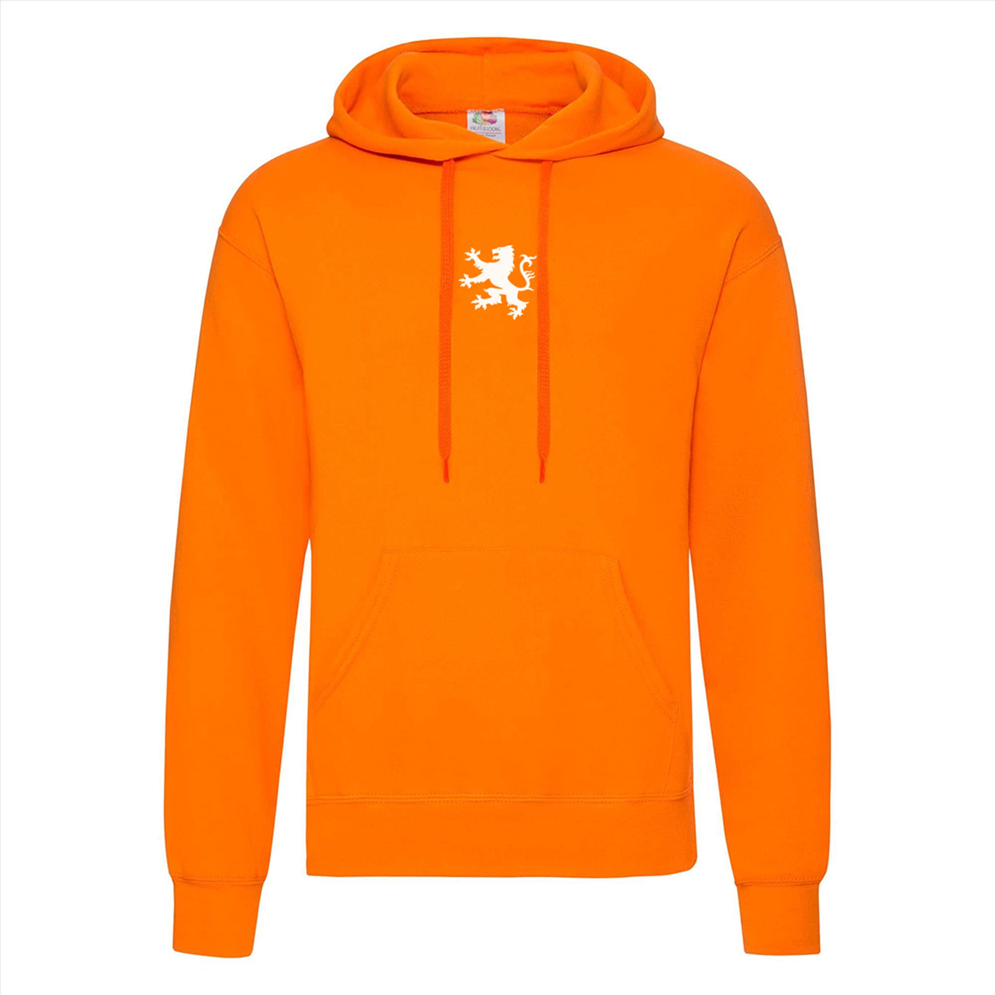 Oranje hoodie heren dames met witte leeuw op borst – comfortabele unisex sweater Huurdies