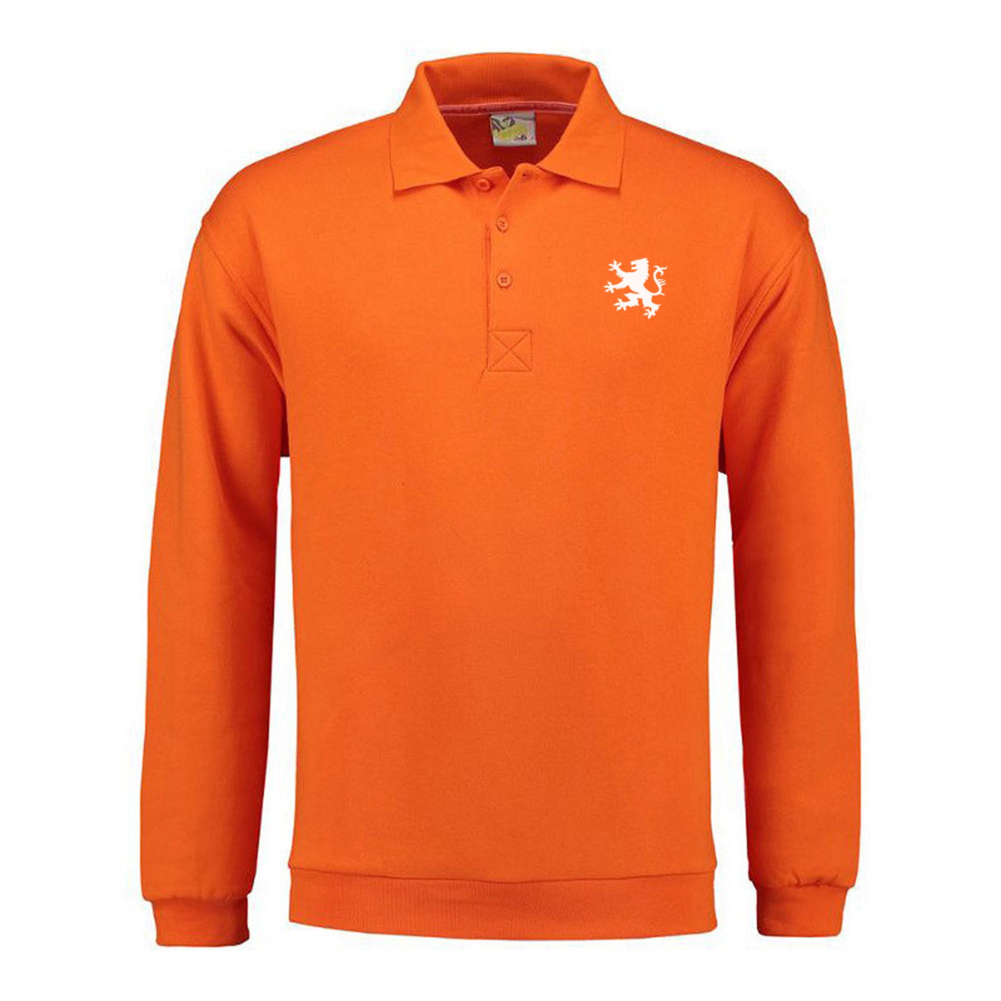 Oranje polosweater heren dames met witte leeuw op borst – comfortabele unisex sweater Huurdies