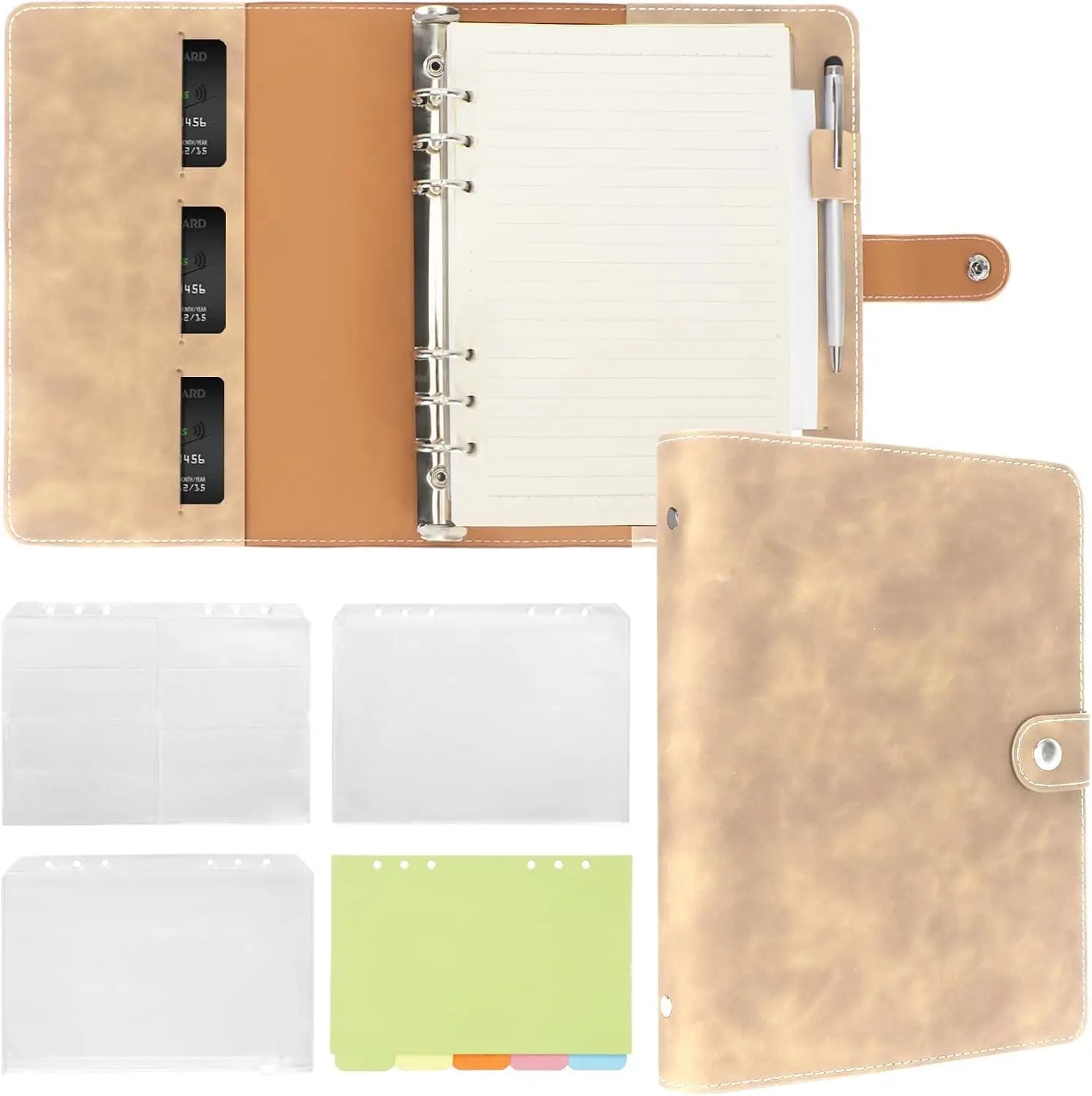 A5 luxe Leren Organizer – 6-Rings Binder – PU Leren Navulbaar Notitieboek met Vakjes, Tussenschotten & Navulpapier