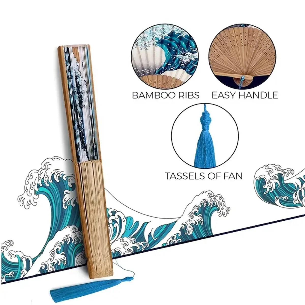 Japanse Vouwwaaier – Handgemaakt – Kanagawa Wave – Bamboe & Zijde – Vintage Handwaaier
