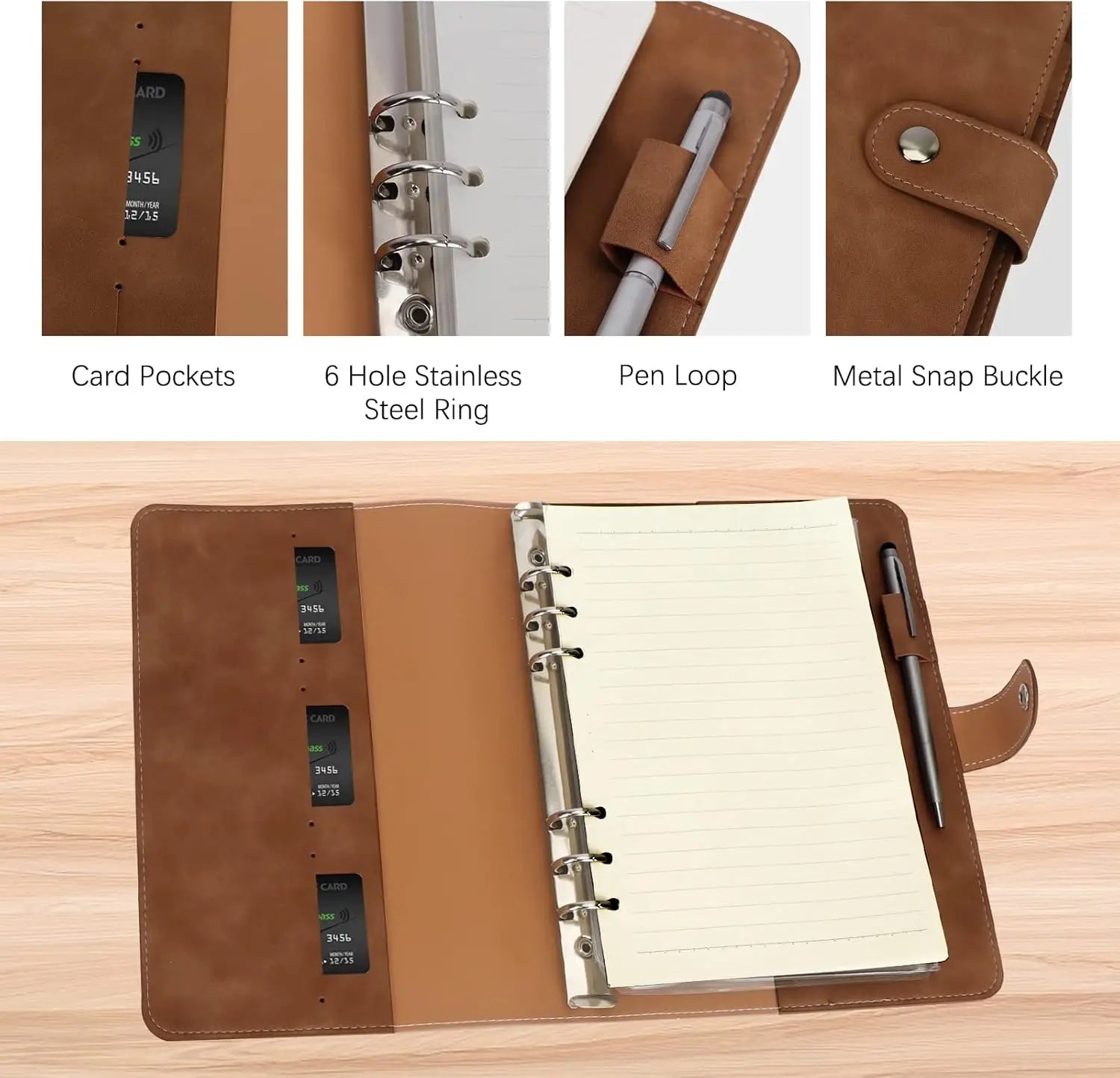 A5 luxe Leren Organizer – 6-Rings Binder – PU Leren Navulbaar Notitieboek met Vakjes, Tussenschotten & Navulpapier