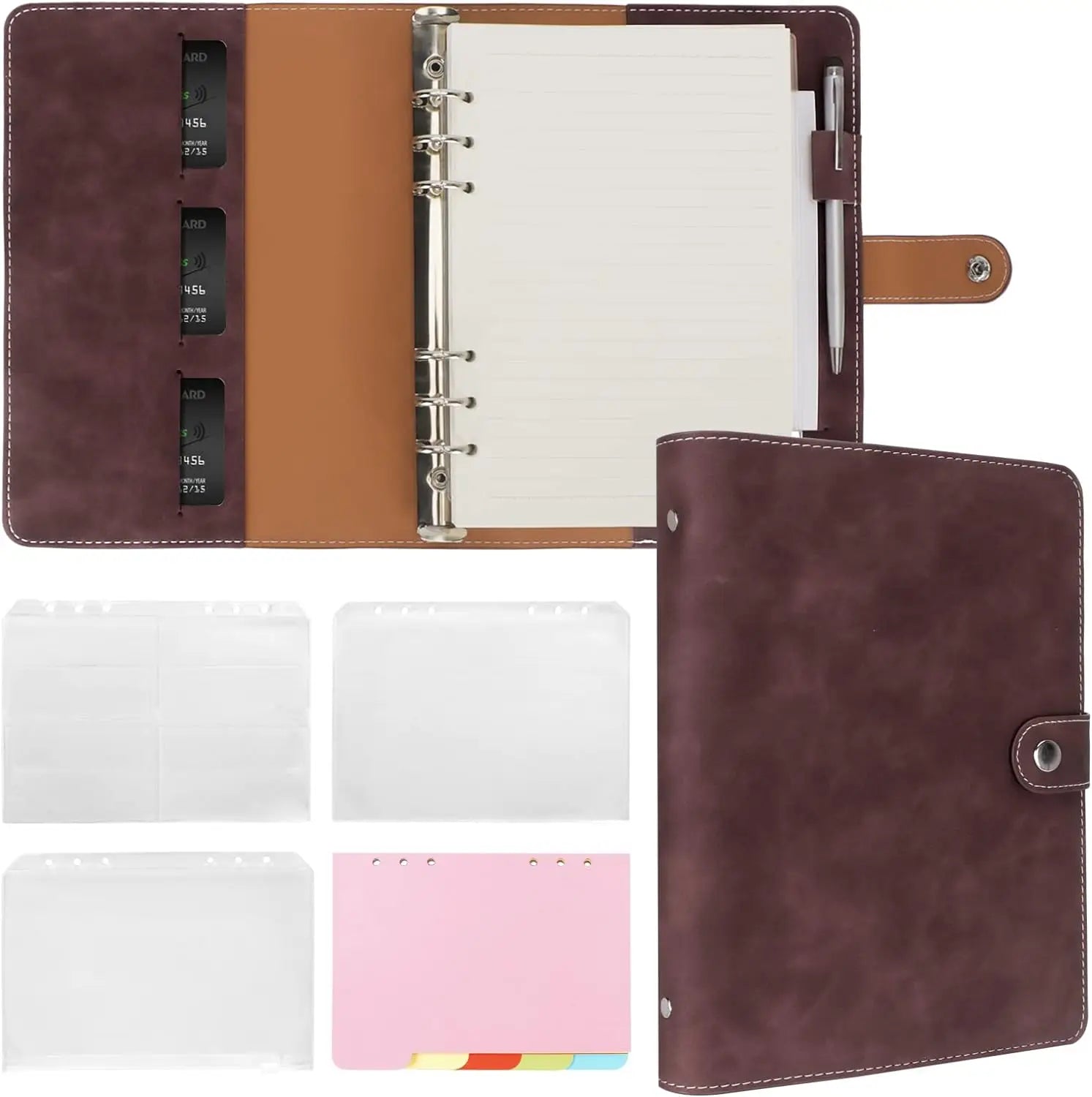 A5 luxe Leren Organizer – 6-Rings Binder – PU Leren Navulbaar Notitieboek met Vakjes, Tussenschotten & Navulpapier