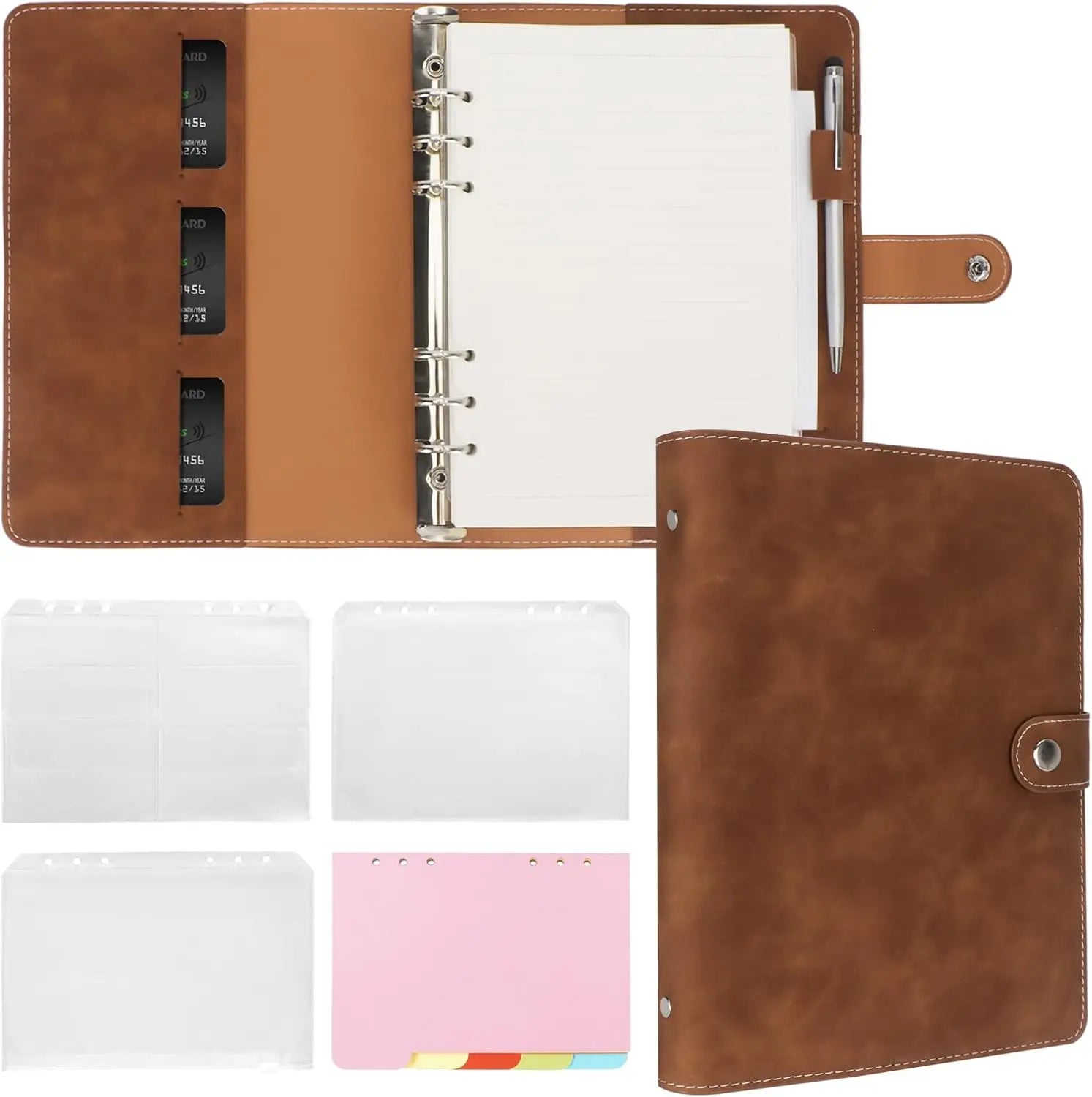 A5 luxe Leren Organizer – 6-Rings Binder – PU Leren Navulbaar Notitieboek met Vakjes, Tussenschotten & Navulpapier
