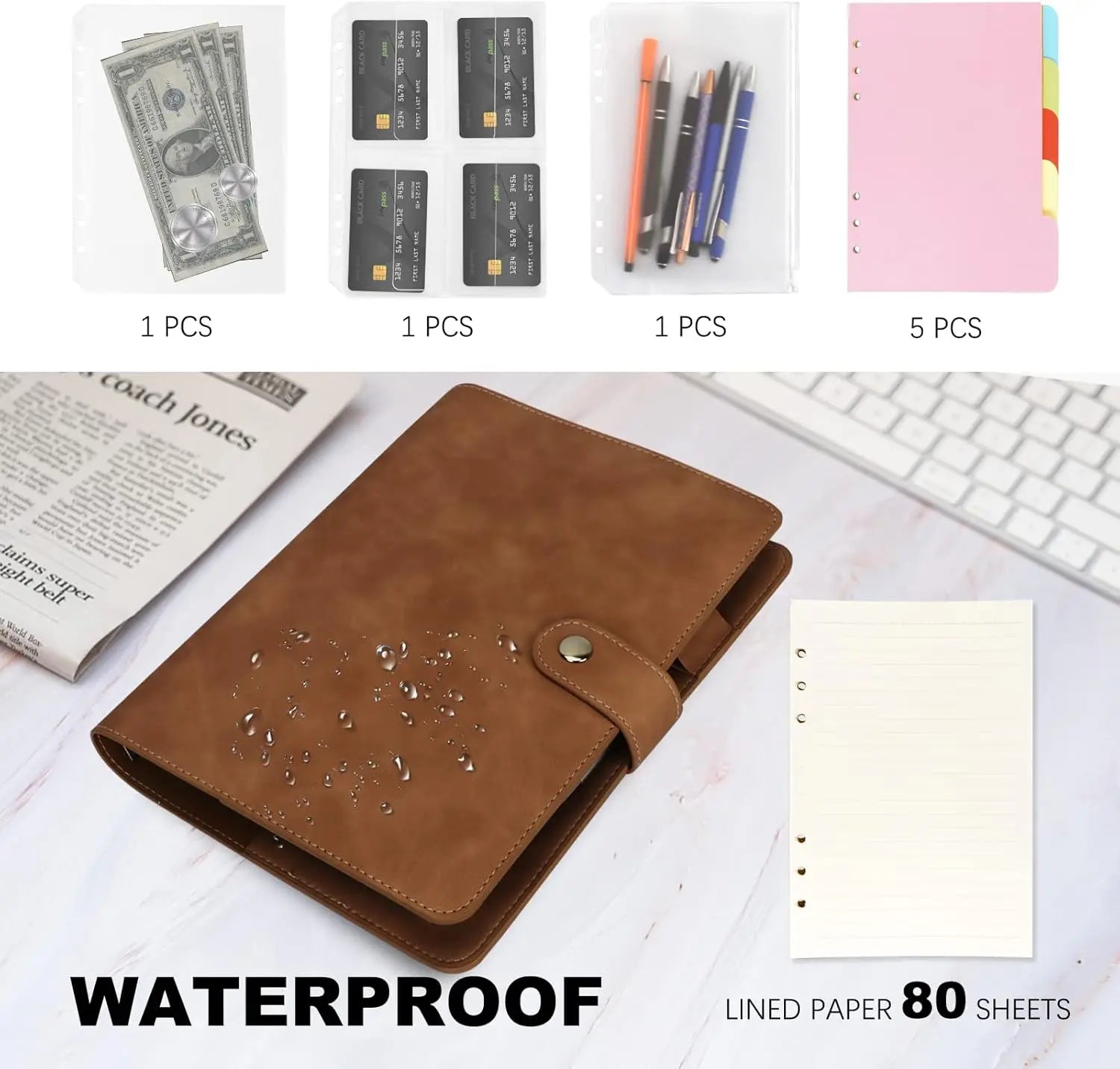 A5 luxe Leren Organizer – 6-Rings Binder – PU Leren Navulbaar Notitieboek met Vakjes, Tussenschotten & Navulpapier