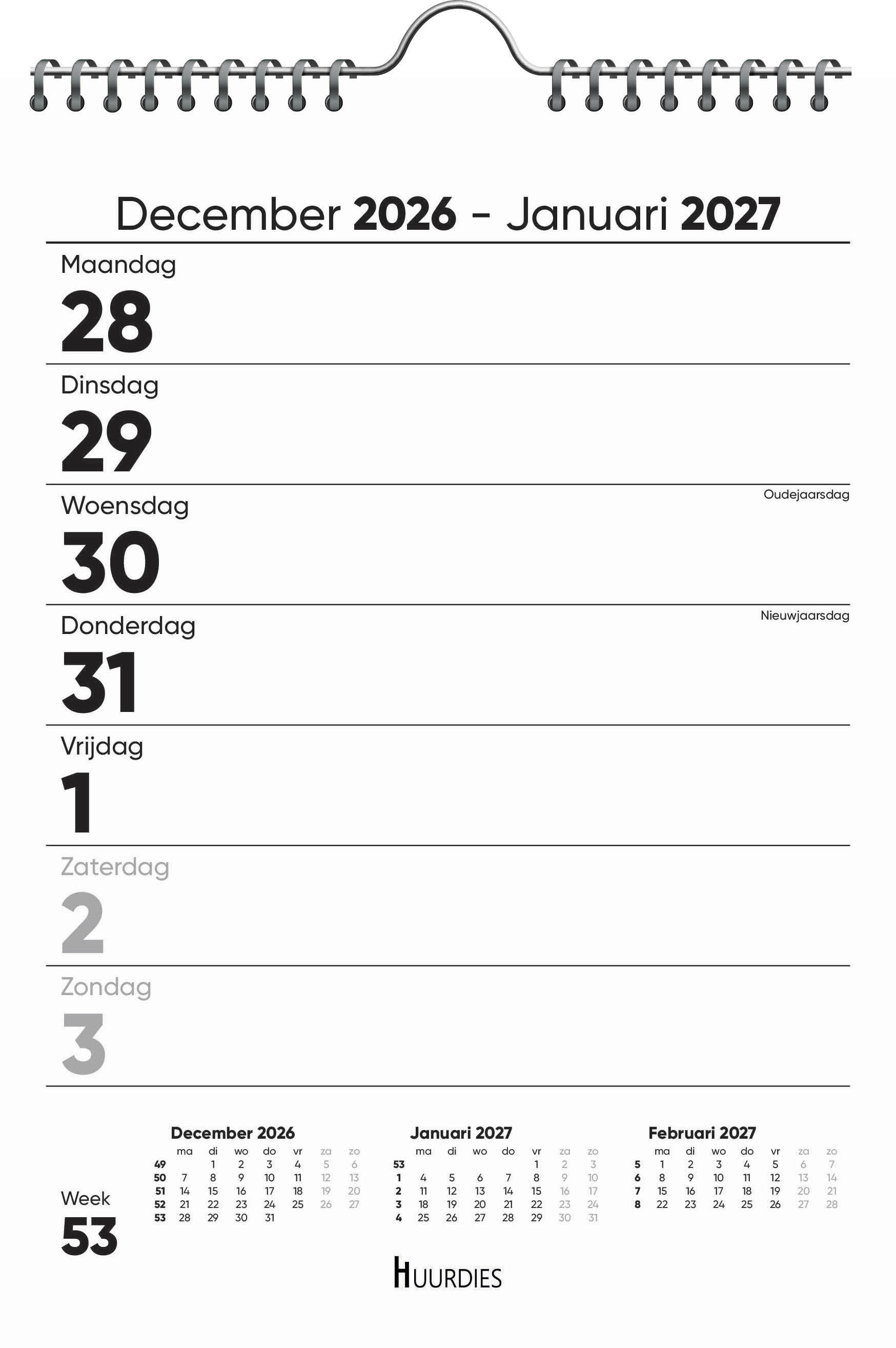 Weekkalender 2027 - Huurdies