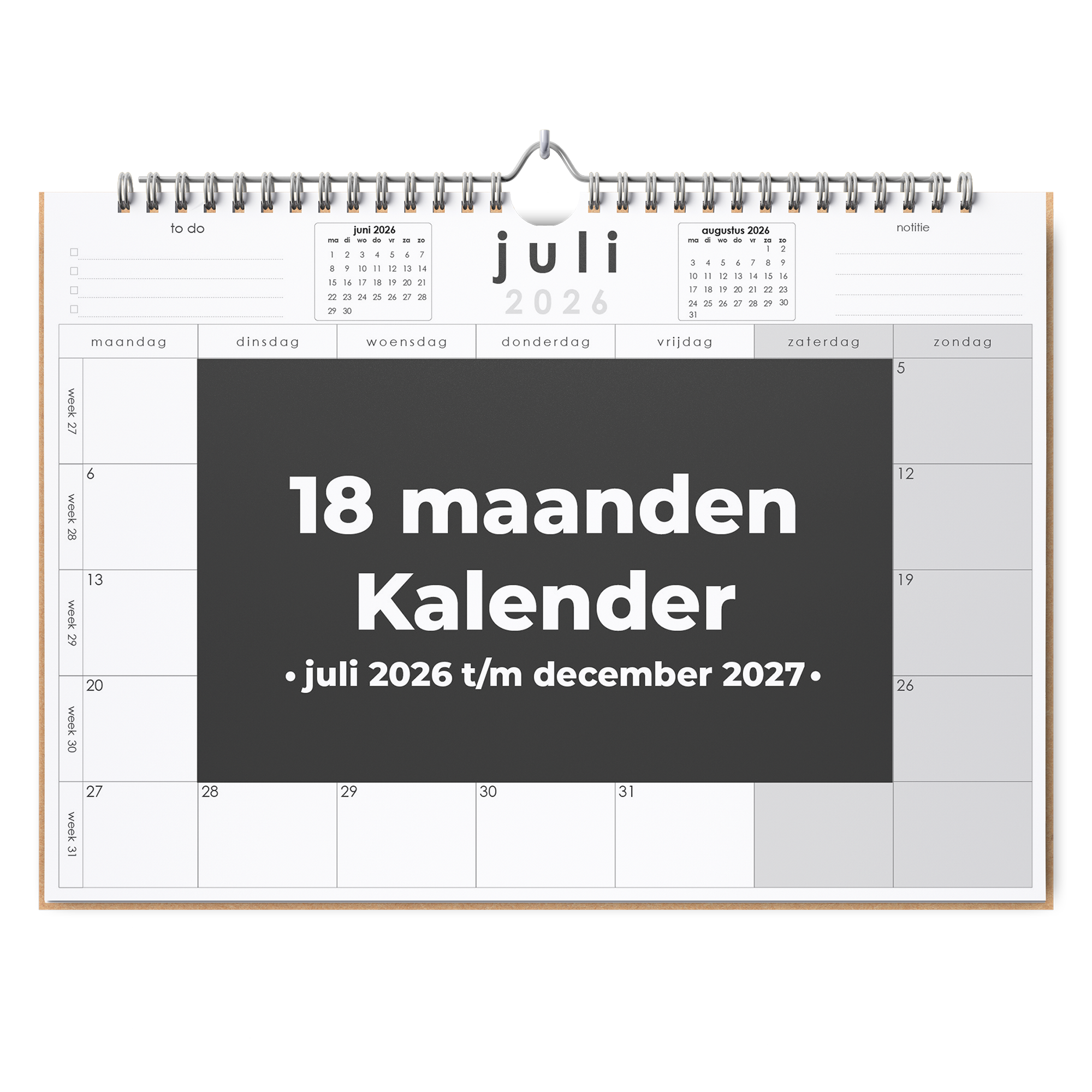 Vooraanzicht 18 maanden kalender enkelzijdige versie