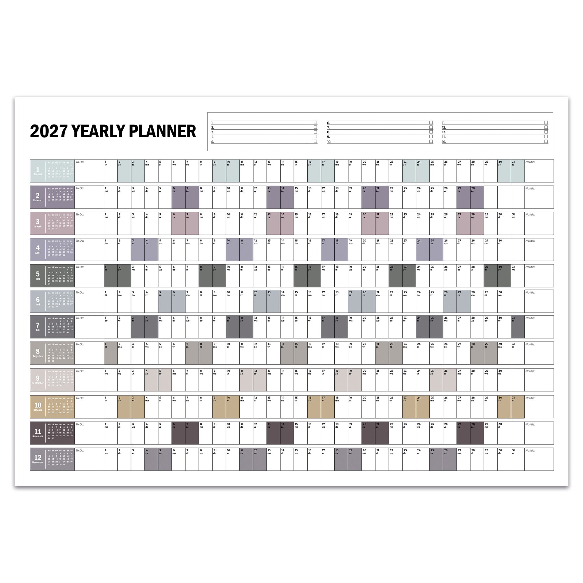 Jaarplanner 2027 vooraanzicht morandi kleuren