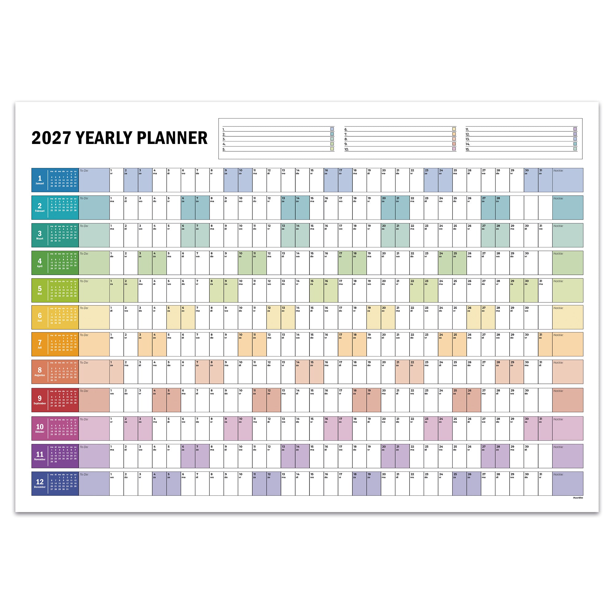 Jaarplanner 2027 vooraanzicht regenboogkleur